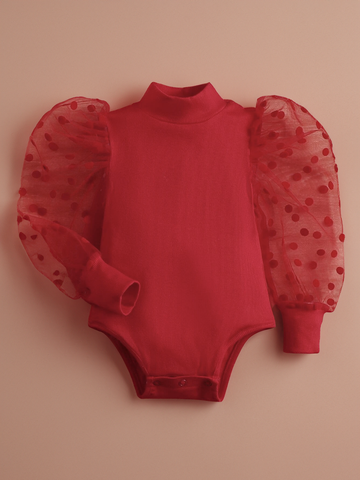 Baby Girl Mock Neck sheer Polka Dot Puff Sleeve bodysuit