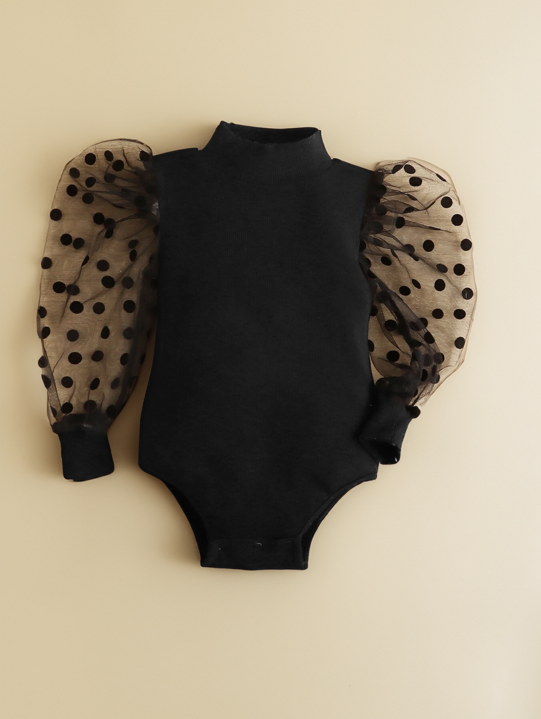 CL- Baby Girl Mock Neck sheer Polka Dot Puff Sleeve bodysuit