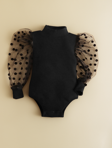 Baby Girl Mock Neck sheer Polka Dot Puff Sleeve bodysuit