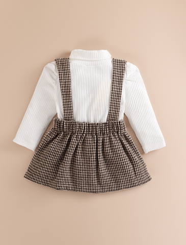 2 Pcs Baby Girl ribbed bodysuit Brown Houndstooth Suspender Skirt