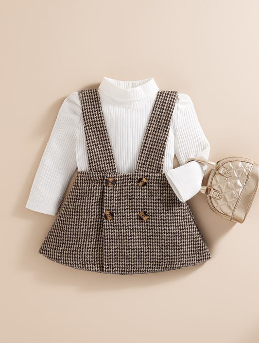 2 Pcs Baby Girl ribbed bodysuit Brown Houndstooth Suspender Skirt