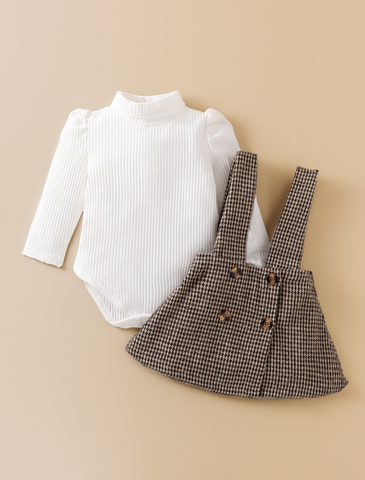 2 Pcs Baby Girl ribbed bodysuit Brown Houndstooth Suspender Skirt