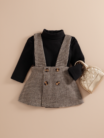 2 Pcs Baby Girl ribbed bodysuit Brown Houndstooth Suspender Skirt