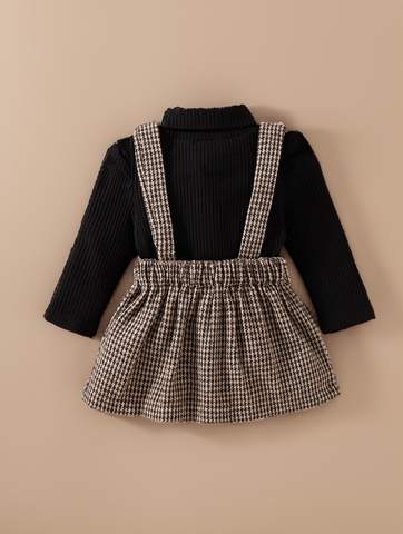 2 Pcs Baby Girl ribbed bodysuit Brown Houndstooth Suspender Skirt