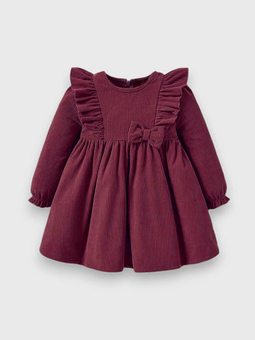 Baby Girl Ruffle Trim Bow Corduroy Dress