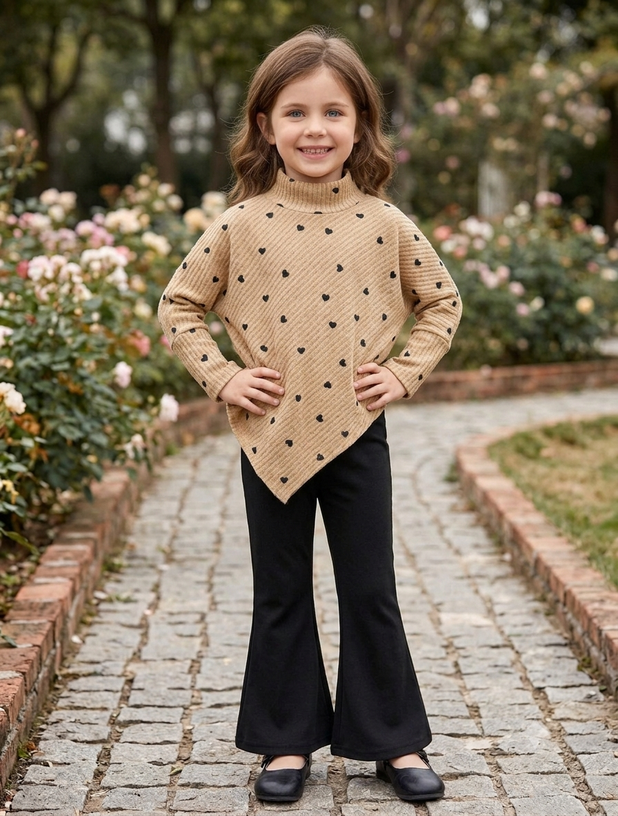 2 Pc Girls Heart Print Knit Poncho & Flare Pants Set