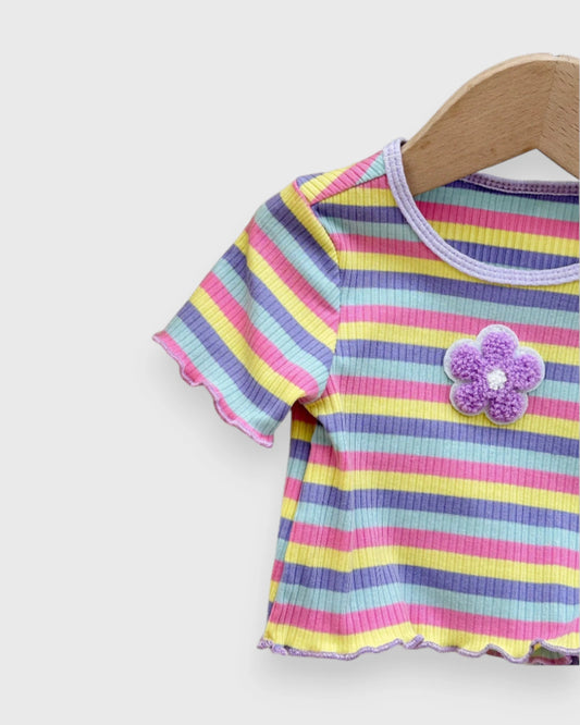 Baby Girl Ribbed Striped Flower Tee & Leggings Set