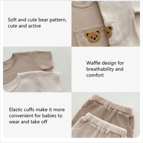 Baby Boys Girls Bear Pocket Short Sleeve Waffle Set