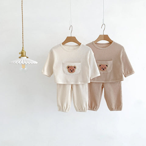 Baby Boys Girls Bear Pocket Long Sleeve Waffle Set