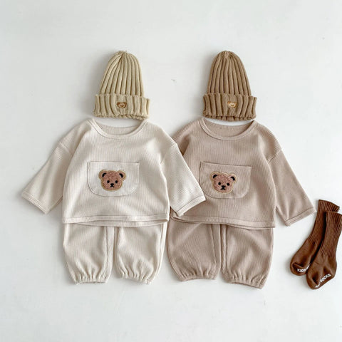 Baby Boys Girls Bear Pocket Long Sleeve Waffle Set