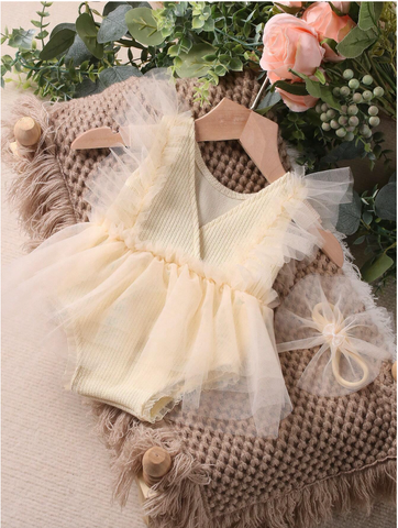 2 Piece Infant Baby Girl Dreamy Romantic Bodysuit Dress with Headband