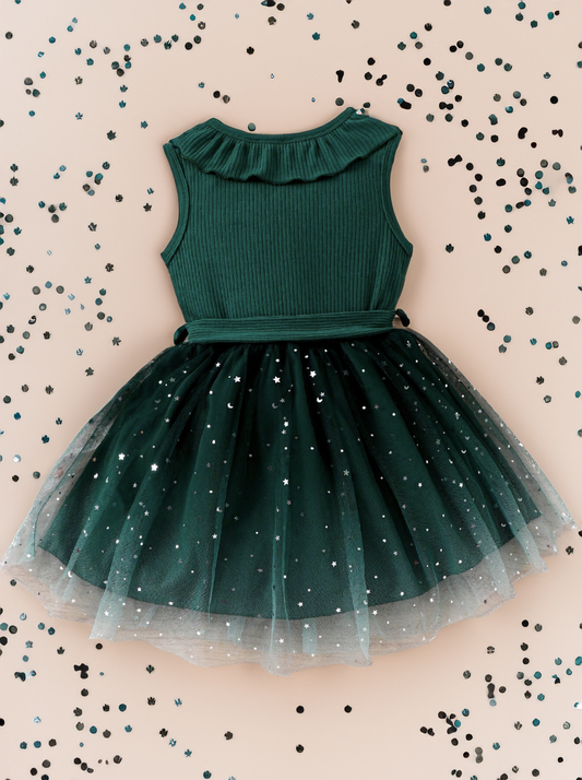 Toddler Girls Crossover Dress with Ombre Tull Mesh Star Confetti Skirt