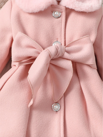 Baby Girl Fuzzy Trim Cuff Collar Pearl Button Coat