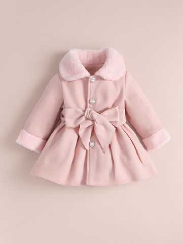 Baby Girl Fuzzy Trim Cuff Collar Pearl Button Coat