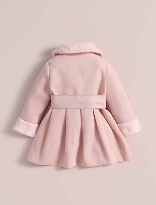 Baby Girl Fuzzy Trim Cuff Collar Pearl Button Coat