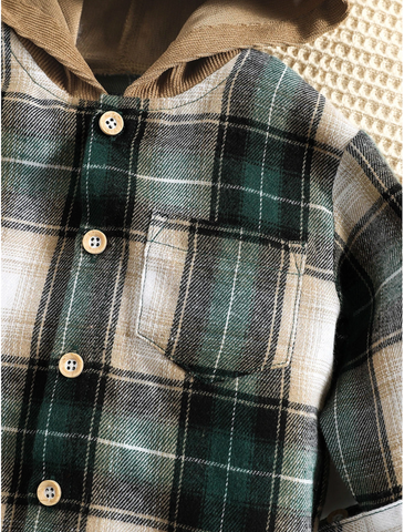 2 Pc Baby Boy Contrast Hooded  Button up Plaid Shirt with matching Corduroy Pant Set