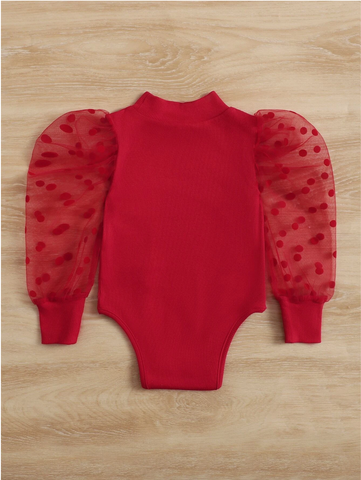 Baby Girl Mock Neck sheer Polka Dot Puff Sleeve bodysuit