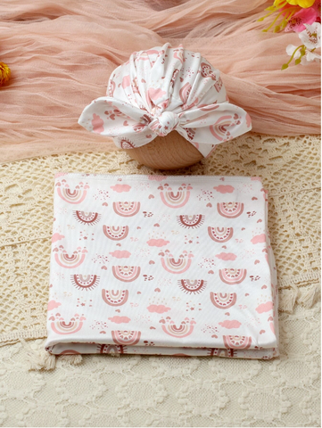 Baby Girl Pink Rainbow Cloud Print Swaddle matching bow Head wrap Turban