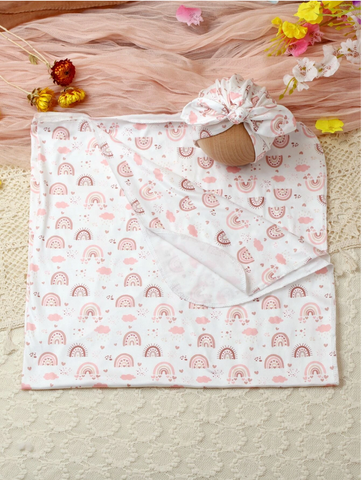 Baby Girl Pink Rainbow Cloud Print Swaddle matching bow Head wrap Turban