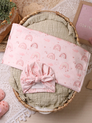 Baby Girl Pink Rainbow Cloud Print Swaddle matching bow Head wrap Turban