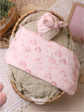 Baby Girl Pink Rainbow Cloud Print Swaddle matching bow Head wrap Turban