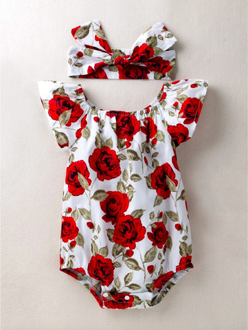 Baby Girls Red Roses Print flutter Sleeve Bodysuit and Headband