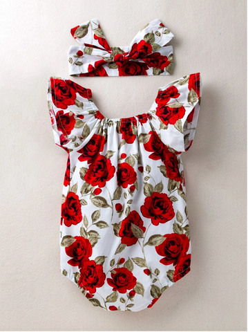 Baby Girls Red Roses Print flutter Sleeve Bodysuit and Headband