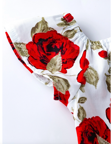 Baby Girls Red Roses Print flutter Sleeve Bodysuit and Headband