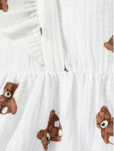 Baby Girl Brown Teddy Bear print Cotton Ruffle Dress