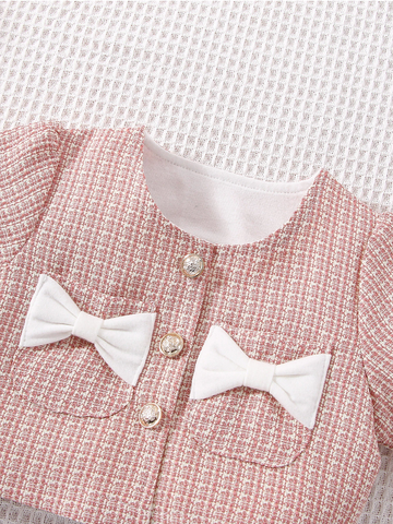 3 Pcs Baby Toddler Girl Pink Tweed Bow Jacket and Turtle Neck and Skirt Outfits