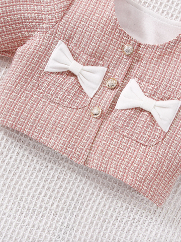 3 Pcs Baby Toddler Girl Pink Tweed Bow Jacket and Turtle Neck and Skirt Outfits