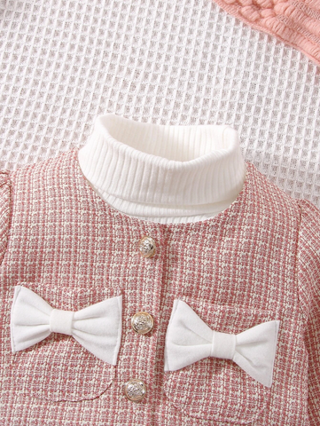 3 Pcs Baby Toddler Girl Pink Tweed Bow Jacket and Turtle Neck and Skirt Outfits