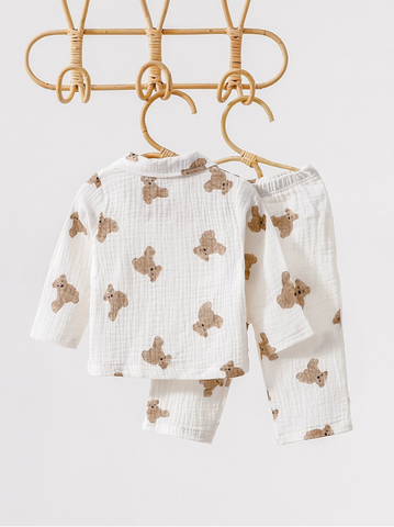 Baby Boy Girl Teddy Bear Cotton Button up Shirt and Pant