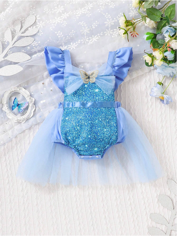 Infant baby Girl Blue Faux Sequin Print Ice Princess Bodysuit Tulle Skirt