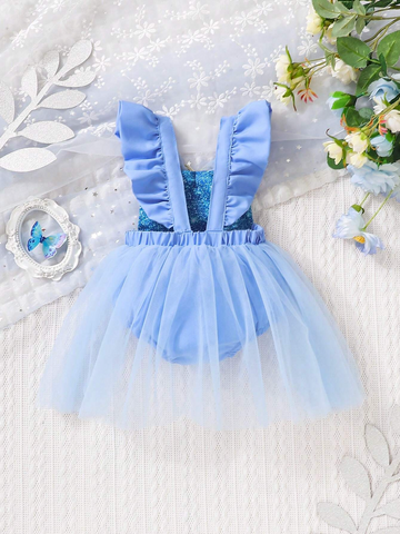 Infant baby Girl Blue Faux Sequin Print Ice Princess Bodysuit Tulle Skirt