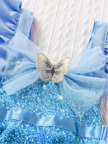 Infant baby Girl Blue Faux Sequin Print Ice Princess Bodysuit Tulle Skirt