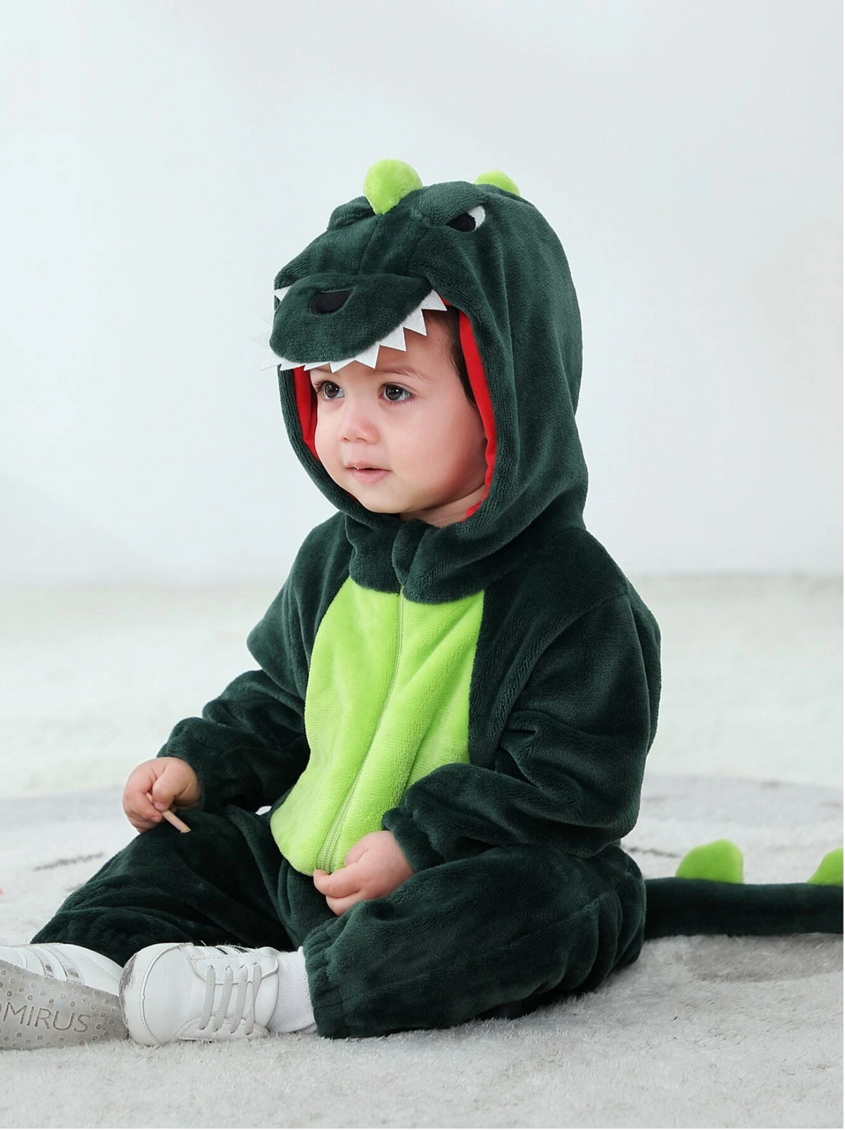 Infant baby Green Dinosaur Hooded Fleece Jumpsuit