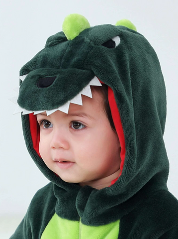 Infant baby Green Dinosaur Hooded Fleece Jumpsuit