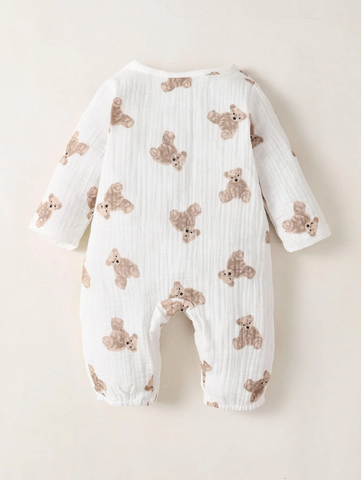 Baby Boy Girl Cotton Brown Bear Print Waffle Jumpsuit Sleeper