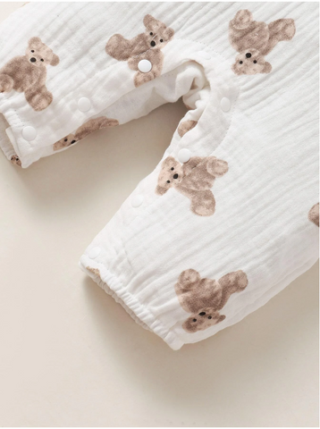 Baby Boy Girl Cotton Brown Bear Print Waffle Jumpsuit Sleeper