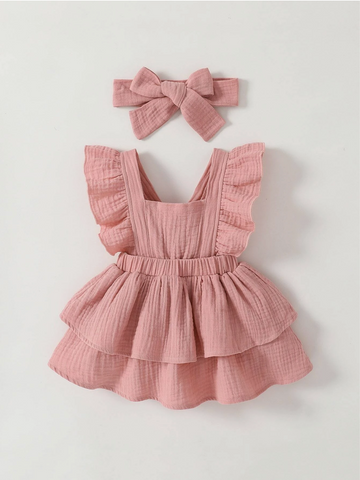 Baby Girl Cotton Ruffle Trim Layer Hem Dress With Bow Headband