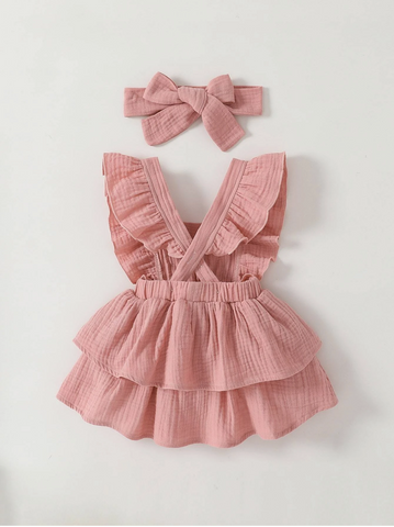 Baby Girl Cotton Ruffle Trim Layer Hem Dress With Bow Headband