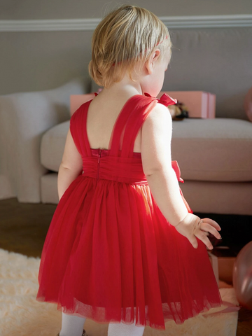 Mesh Tulle Red Baby Girl Bow Detail Party Dress Wedding Birthday Valentine