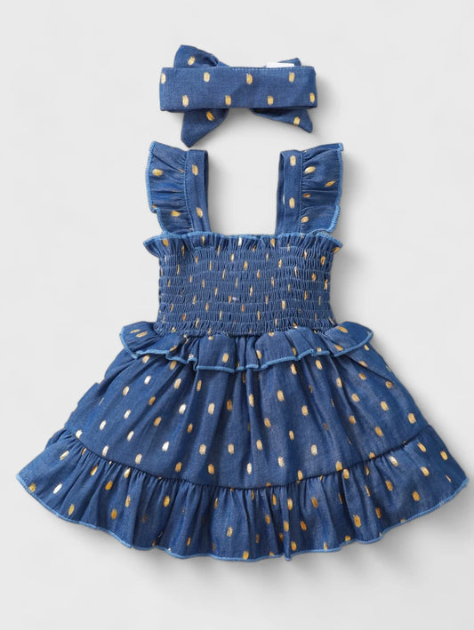 2 Pc Baby Girl Gold Polka Dot Ruffle Chambray Dress