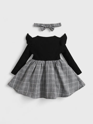 2 Pc Baby Girl Glen Plaid Bow Front Dress