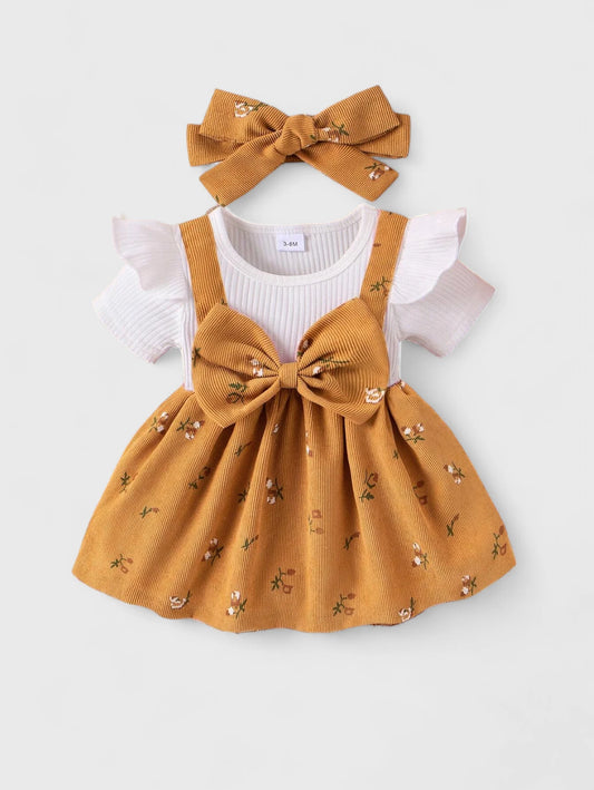 2 in 1 Baby Girl Corduroy Bow Dress w/Headband