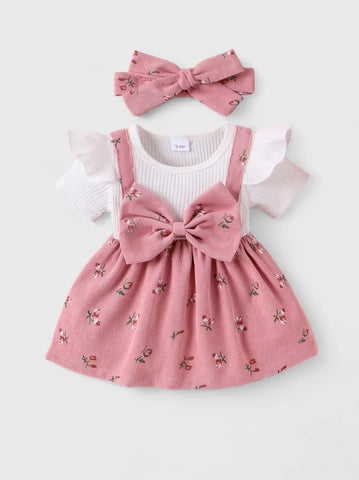 2 in 1 Baby Girl Corduroy Bow Dress w/Headband