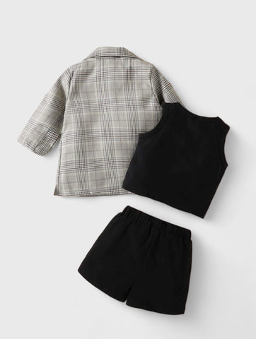 3 Pc Baby Girl Plaid Print Blazer, tanks and Shorts Set