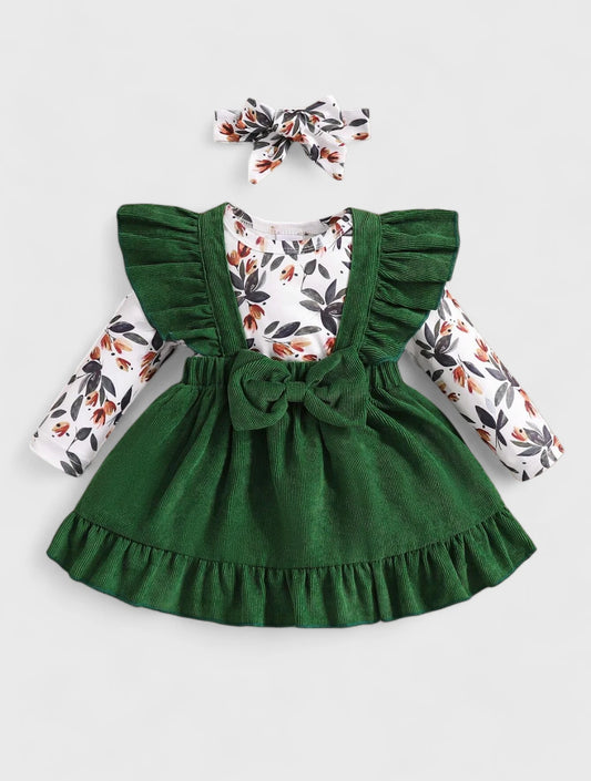 3 Pc Baby Girl Ruffle Corduroy Skirt w/ Leaf Print Bodysuit