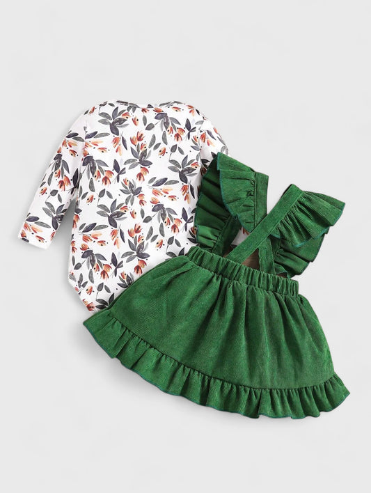 3 Pc Baby Girl Ruffle Corduroy Skirt w/ Leaf Print Bodysuit